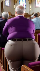  1boy ai_generated ass_focus bald_spot balding belt bhm big_ass big_butt chub chubby chubby_male church church_interior church_pew fkdyourdad gay gdilf gilf glasses huge_ass huge_butt iseeloxxx love_handles male_focus male_only older_male overweight overweight_male pew slacks solo_male tight_pants tight_slacks white_hair wide_hips 