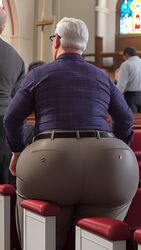  1boy ai_generated ass_focus belt bhm big_ass big_butt church church_interior church_pew fkdyourdad gay gdilf gilf glasses huge_ass huge_butt iseeloxxx male_focus male_only older_male pew slacks solo_male tight_pants tight_slacks white_hair wide_hips 