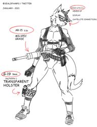  abs absurd_res ammo_belt ammunition anthro ar-15 athletic athletic_female bangs breasts canid canine chest_rig clothing ears_up english_text eyewear eyewear_on_head female footwear fox glasses glock gloves gun gun_belt hair handgun handwear harpseal hi_res holster holstered_pistol jumpsuit leg_holster leg_muscles long_hair looking_away magazine_(gun) magazine_pouch mammal mercenary military mohawk muscular muscular_female pistol ranged_weapon rifle rifle_barrel shoes sneakers soldier solo stealth_suit suit tactical tactical_gear technology text trainer visor warrior weapon 