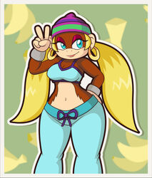  alternative_fashion amekaji anthro banana big_breasts blonde_hair blue_eyes breasts cleavage clothed clothing donkey_kong_(series) ear_piercing ear_ring female food fruit fur ganguro_(fashion) gesture gyaru hair hand_gesture hand_on_hip haplorhine hat headgear headwear hi_res hoop_ear_ring j-fashion kong long_hair mammal midriff monkey nintendo piercing plant primate ring_piercing smile solo standing thick_thighs thisnameistaken tiny_kong v_sign wide_hips y2k_(fashion) 