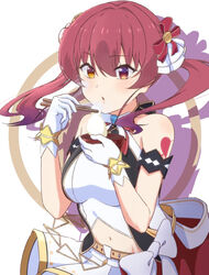  alternate_costume armband arrow_through_heart blowing_on_food blush bow bowl breasts chopsticks commentary cowboy_shot crop_top dress eating female floating_hair gloves hair_between_eyes hair_ribbon heart heart_tattoo heterochromia holding hololive hololive_idol_uniform houshou_marine idol_clothes large_bow medium_breasts medium_hair meme_tesshin midriff navel new_year no_eyepatch no_headwear official_alternate_costume parted_lips red_eyes red_hair ribbon shadow short_dress simple_background skirt solo tattoo twintails virtual_youtuber white_background white_dress white_gloves white_skirt yellow_eyes zouni_soup 