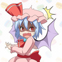  \m/ ^^^ ascot bat_wings blue_hair blurry blurry_background brooch cato_(monocatienus) commentary d: double_\m/ female furrowed_brow hair_between_eyes hat hat_ribbon jewelry looking_back looking_to_the_side macaron_background mob_cap oerba_yun_fang open_mouth pink_hat pink_shirt pink_skirt polka_dot polka_dot_background red_ascot red_eyes remilia_scarlet ribbon sash shaded_face shirt short_hair simple_background skin_fang skirt skirt_set slit_pupils solo standing surprised sweat touhou upper_body white_background wings 