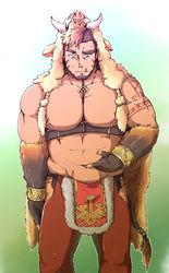  1boy abs animal_hood bara bare_pectorals between_pectorals boar_boy body_fur brown_hair chest_harness facial_hair feet_out_of_frame goatee gullinbursti_(housamo) harness highres hip_vent hood large_pectorals long_sideburns looking_down male_focus mature_male muscular muscular_male navel nipples oerba_yun_fang pectorals pelvic_curtain plump poking_belly short_hair sideburns solo stomach thick_eyebrows tokyo_afterschool_summoners uokka_(night_vmlr) weight_conscious 