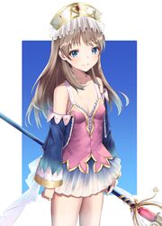  atelier_(series) atelier_totori bao_(s_888) bare_shoulders blue_eyes blue_sleeves breasts brown_hair closed_mouth detached_sleeves dress female hat highres long_hair skirt smile solo staff totooria_helmold 