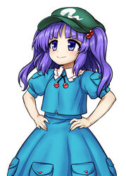  :&gt; absurdres bad_source blue_eyes blue_hair blue_jacket blue_skirt blunt_bangs cabbie_hat cropped_jacket fanbox_reward female green_hat grin hair_bobbles hair_ornament hands_on_own_hips hat highres itou_yuuji jacket kawashiro_nitori long_hair paid_reward pocket shirt simple_background skirt skirt_set smile smug solo touhou two_side_up white_background 