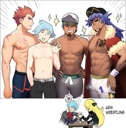  !? 4boys abs arm_wrestling bare_pectorals baseball_cap belt black_hair black_pants blonde_hair blue_hair blue_pants cape chest_tattoo closed_eyes commentary cynthia_(pokemon) dynamax_band emphasis_lines english_commentary english_text facial_hair female flying_sweatdrops goatee goro_orb grey_belt grey_pants grin hand_in_pocket hands_on_own_hips hat highres jewelry kukui_(pokemon) lance_(pokemon) leggings leon_(pokemon) male_focus multiple_boys multiple_rings muscle_conscious muscular muscular_male navel nipples odd_one_out pants pectorals pokemon pokemon_dppt pokemon_hgss pokemon_oras pokemon_sm pokemon_swsh purple_hair red_cape red_hair ring scar scar_on_chest short_hair shorts smile sparkle speech_bubble spiked_hair spoken_interrobang steven_stone sunglasses sweat tattoo teeth topless_male trembling twitter_username white_shorts wristband 