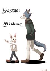  1boy :d absurdres beastars black_pants brown_footwear character_name commentary_request copyright_name eye_contact female furry furry_female furry_male haru_(beastars) highres legoshi long_sleeves looking_at_another open_mouth pants pointing shoes simple_background smile sweater walking watagashikn white_background white_pants 