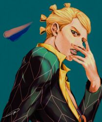  1boy blonde_hair blue_eyes formal hand_on_own_face highres jewelry jojo_no_kimyou_na_bouken magatama magatama_necklace male_focus necklace prosciutto sano_(hospital_0434) solo suit vento_aureo 