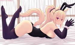  animal_ear_fluff animal_ears ass bare_shoulders black_gloves black_leotard black_thighhighs blonde_hair blush breasts cat_ears cat_tail commentary cuff_links elbow_gloves english_commentary feet feet_up female full_body gloves hair_between_eyes hairband highres indoors large_breasts leotard long_hair looking_at_viewer lying nottytiffy on_stomach original own_hands_together patreon_username playboy_bunny ponytail rabbit_ears red_eyes sideboob sidelocks skindentation smile solo tail thighhighs thighs thong_leotard tiffy_(nottytiffy) 