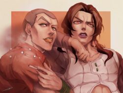  2boys absurdres black_hair cigarette crew_cut formaggio hex_tails highres holding holding_cigarette illuso jojo_no_kimyou_na_bouken lips lipstick makeup male_focus multiple_boys muted_color padded_vest sano_(hospital_0434) vento_aureo 