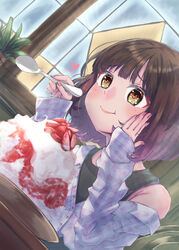  absurdres bare_shoulders black_shirt bob_cut brown_eyes brown_hair closed_mouth eating female food foodgasm fruit grass hand_on_own_face heart heart-shaped_pupils highres indoors mihaeru original plate shaved_ice shirt short_hair smile solo spoon strawberry symbol-shaped_pupils upper_body white_shirt window 