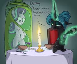  6:5 alcohol arthropod beverage bowl candle candlelight candlestick changeling chianti chrysalis cocooned container equid equine eyeshadow female friendship_is_magic furniture green_eyes green_eyeshadow green_hair hair hair_bun hasbro hi_res horn light makeup mammal my_little_pony mythological_creature mythological_equine mythology queen_chrysalis_(mlp) rocket-lawnchair table unicorn wine wine_bottle 