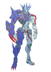  1boy absurdres armor armored_boots asymmetrical_armor blue_armor blue_eyes boots breastplate cable catball1994 clawed_boots clawed_gauntlets claws commentary_request fake_horns full_armor full_body gauntlets gun handgun helmet highres horned_helmet horns industrial_pipe kamen_rider kamen_rider_01_(series) kamen_rider_vulcan male_focus mechanical_parts muscular muscular_male neon_lights pauldrons power_armor power_claw redesign science_fiction shooting_wolf shot_riser shoulder_armor shoulder_spikes simple_background single_boot single_gauntlet single_pauldron solo spiked_helmet spiked_legwear spikes standing tokusatsu weapon white_armor white_background wolf 