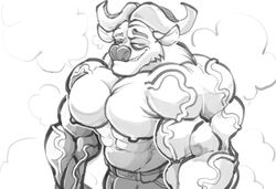  abs anthro biceps bottomwear bovid bovine bulge cape_buffalo chief_bogo chirros clothing disney erect_nipples grin horn looking_at_viewer male mammal monochrome muscular muscular_anthro muscular_male nipples pants pecs smile solo steam vein zootopia 