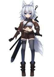  animal_ear_fluff animal_ears armor blue_eyes boots breastplate card expressionless female fox_ears fox_girl fox_tail full_body gloves medium_hair navel original sheath sheathed shiren_(utumu) short_shorts shorts sword sword_behind_back sword_world_2.5 tail thigh_strap thighhighs weapon 