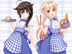  2girls :d ahoge alternate_costume apron arm_at_side baguette basket black_hair black_ribbon blonde_hair blue_apron blue_bow blue_bowtie blue_eyes blue_skirt bow bowtie braid bread breasts checkered_apron checkered_clothes closed_mouth commentary_request employee_uniform food gingham gingham_apron gradient_hair hair_flaps hair_ornament hair_over_shoulder hair_ribbon hairclip hand_up hands_up high-waist_skirt highres holding holding_basket holding_tray kantai_collection kobeya kobeya_uniform leaning_back long_hair minakami_mimimi multicolored_hair multiple_girls open_mouth plaid plaid_background pleated_shirt pocket red_eyes ribbon shigure_(kancolle) shigure_kai_ni_(kancolle) shirt short_sleeves side-by-side single_braid skirt small_breasts smile standing tongs tray uniform w_arms waitress white_shirt yuudachi_(kancolle) yuudachi_kai_ni_(kancolle) 