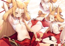  absurdres animal_ear_fluff animal_ears armpits ass back ball bare_shoulders bikini bikini_top_only blonde_hair breasts character_request chinese_commentary cleavage collarbone commentary_request copyright_request female fox_ears fox_girl full_body hair_ornament hair_stick highres japanese_clothes kimono long_hair looking_down looking_to_the_side lying midriff mouth_hold multiple_views navel off_shoulder on_stomach red_kimono shanyao_jiang_tororo short_eyebrows sidelocks simple_background sitting small_breasts swimsuit temari_ball tied_hair upper_body white_background yellow_eyes 