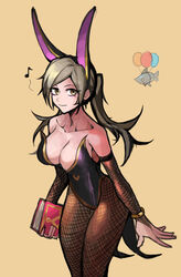  alternate_costume animal_ears balloon black_leotard book breasts bridal_gauntlets brown_background brown_eyes cleavage collarbone cowboy_shot eyeshadow fake_animal_ears female fire_emblem fire_emblem_awakening fishnet_pantyhose fishnets grey_hair highleg highleg_leotard highres large_breasts leotard long_hair looking_at_viewer makeup musical_note outline pantyhose playboy_bunny rabbit_ears robin_(female)_(fire_emblem) robin_(fire_emblem) saiykik simple_background smile solo strapless strapless_leotard twintails 