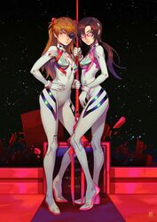  2girls absolum_art absurdres bident bodysuit breasts brown_hair closed_mouth commentary evangelion:_3.0+1.0_thrice_upon_a_time eyepatch full_body glasses hand_on_own_hip highres lance_of_longinus_(evangelion) long_hair looking_at_viewer makinami_mari_illustrious multiple_girls neon_genesis_evangelion plugsuit polearm pout rebuild_of_evangelion smile souryuu_asuka_langley space standing star_(sky) tiptoes twintails weapon white_bodysuit 