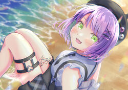  absurdres black_hat black_skirt blush female garter_belt green_eyes hair_ornament hairclip hat highres hololive horns jirai_kei looking_at_viewer looking_back mihaeru multicolored_hair ocean official_alternate_costume open_mouth pink_hair purple_hair shirt short_hair skirt smile solo streaked_hair summer tattoo thighs tokoyami_towa tokoyami_towa_(jirai_kei) virtual_youtuber white_shirt 