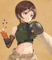  armor bare_shoulders breasts brown_background brown_gloves brown_hair brown_shorts commentary contrapposto cowboy_shot crop_top female final_fantasy final_fantasy_vii fingerless_gloves fishnets gloves green_eyes grin headband light_blush looking_afar materia midriff navel open_fly photoshop_(medium) purea ribbed_sweater short_hair shorts sleeveless sleeveless_turtleneck small_breasts smile solo sweater tossing turtleneck yuffie_kisaragi 