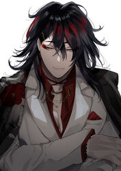  1boy black_hair collar_chain_(jewelry) commentary_request formal highres jacket jewelry long_hair looking_at_viewer male_focus multicolored_hair necklace nijisanji nijisanji_en open_clothes open_shirt pectoral_cleavage pectorals red_hair red_shirt shirt simple_background solo suit virtual_youtuber vox_akuma vox_akuma_(1st_costume) white_background white_suit yatomomin yellow_eyes 