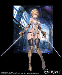  arm_armor armor ass_visible_through_thighs blonde_hair bondage breasts cathedral choker cleavage dual_wielding european_architecture evertale female harness highres holding lancelot_(evertale) large_breasts leg_armor leotard looking_at_viewer navel official_art petals pillar sage_joh short_hair solo sword thighhighs weapon window 