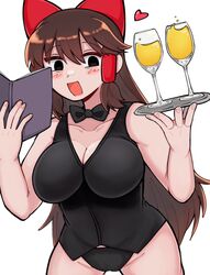  :d alcohol alternate_costume black_bow black_bowtie black_eyes black_panties black_shirt blush book bow bowtie breasts brown_hair cleavage commentary_request cookie_(touhou) cowboy_shot cup drinking_glass empty_eyes female hair_tubes hairbow hakurei_reimu heart highres holding holding_book holding_tray inariga large_breasts long_hair looking_at_viewer no_pants noel_(cookie) open_mouth panties protected_link red_bow shirt simple_background sleeveless sleeveless_shirt smile solo touhou tray underwear white_background wine wine_glass 