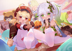  3girls :d ahoge aranara_(genshin_impact) backpack bag blonde_hair blush braid camera dodoco_(genshin_impact) dress elf feet fungi_(genshin_impact) genshin_impact gradient_hair green_eyes green_hair guoba_(genshin_impact) hair_between_eyes hat highres holding holding_camera jumpy_dumpty klee_(genshin_impact) knees_up legs long_hair long_sleeves lumine_(genshin_impact) md5_mismatch multicolored_hair multiple_girls nahida_(genshin_impact) no_shoes pantyhose parted_lips pointy_ears red_dress red_eyes resolution_mismatch side_ponytail sitting slime_(genshin_impact) smile soles source_smaller toes tsubasa_tsubasa white_dress white_hair white_pantyhose 