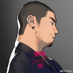  1boy bara black_hair buzz_cut commission earrings facial_hair from_side goatee grey_background highres jewelry laserbiubiu male_focus mature_male original portrait profile_picture sample_watermark short_hair sideburns smile solo stubble thick_eyebrows very_short_hair watermark 