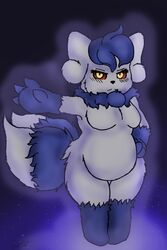  2:3 2_tails amy_the_mystgoose anthro blue_body blue_fur breasts darknetic digital_media_(artwork) eyelashes fakemon female fluffy fluffy_tail fur generation_3_pokemon generation_6_pokemon glowing glowing_eyes hi_res hybrid meowstic multi_tail nintendo pokemon pokemon_(species) simple_background slightly_chubby solo tail white_body white_fur zangoose 