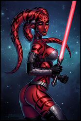  alien black_border black_bra black_footwear black_gloves boots border bra candra colored_skin darth_talon elbow_gloves energy_sword english_text female gloves holding_lightsaber lightsaber looking_at_viewer red_lightsaber red_skin solo star_wars star_wars:_legacy sword thigh_boots twi&#039;lek underwear watermark weapon web_address western_comics_(style) yellow_eyes 