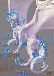  ambiguous_gender babanasaur blue_claws blue_horn blue_markings body_crystals claws crystal digital_media_(artwork) dragon feral full-length_portrait hi_res horn markings membrane_(anatomy) membranous_wings mythological_creature mythological_scalie mythology one_leg_up orange_eyes portrait raised_leg rock scalie signature solo spread_wings tail white_body wings yellow_sclera 