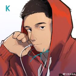  1boy black_hair commission earphones expressionless highres holding holding_earphones hood hood_up hoodie laserbiubiu looking_at_viewer male_focus mature_male orange_hoodie original portrait profile_picture sample_watermark short_hair sideburns solo watermark 