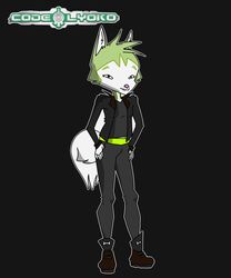  5:6 absurd_res ambiguous_gender anthro april_fools&#039;_day bone boots bottomwear byte_fantail_(character) canid canine canis clothing code_lyoko cursed_image domestic_dog footwear fur green_body green_fur hands_on_hips hi_res holidays husky jacket leather leather_clothing leather_jacket leather_topwear mammal nordic_sled_dog pants pink_nose shirt sillydraco solo spitz topwear white_body white_fur 