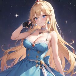  1girls ai_generated beautiful_background blonde_hair blue_dress cleavage clothed clothed_female clothing cyan_clothing cyan_dress dress female female_only fully_clothed happy happy_female jewel long_hair looking_at_viewer mario_(series) necklace nemus_waifu_generator night nintendo pale-skinned_female pale_skin pooplool princess princess_rosalina royalty smile smiling_at_viewer solo space_background star stars super_mario_galaxy 