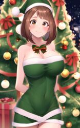  1girls ai_generated amber_eyes big_breasts bow brown_hair christmas christmas_hat christmas_outfit christmas_tree clothing dress female female_only happy hat looking_at_viewer my_hero_academia ochako_uraraka safe sfw short_hair solo 