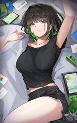  1girl 1girls 2d bare_thighs bed black_hair black_shirt black_shorts blue_nails breasts breath_of_the_wild brown_eyes collarbone female fire_emblem fire_emblem:_the_blazing_blade fumo_plush green_hair handheld_game_console highres joy-con large_breasts light-skinned_female light_skin link link_(breath_of_the_wild) looking_at_viewer lying lyn_(fire_emblem) midriff_peek miru_(ormille) mole mole_under_eye multicolored_hair nintendo nintendo_switch on_back orange_eyes original original_character ormille pale-skinned_female pale_skin princess_zelda shirt short short_hair short_shorts shorts smile solo tagme the_legend_of_zelda thighs two-tone_hair zelda_(breath_of_the_wild) 