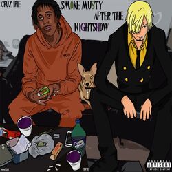  2boys beard black_hair blonde_hair canine commentary_request dark-skinned_male dark_skin facial_hair formal hood hoodie lean_(drink) looking_at_viewer marijuana moustache multiple_boys necktie og_purp one_piece parental_advisory parody sanji_(one_piece) smoking sprite_(drink) suit 