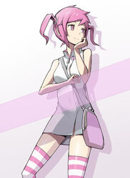  bag bandai digimon digimon_world_re:digitize dk_(13855103534) female female legwear one_breast_out pink_eyes pink_hair rindou_akiho smile solo twintails 