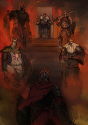  6+boys armor beard belt chain_mail chainmail chosen_undead crown dark_souls dark_souls_ii dark_souls_iii embers facial_hair fire from_software full_armor fur_collar gauntlets giant_lord gwyn_lord_of_cinder helmet knight moustache multiple_boys praise_the_sun shoulder_pads sitting solaire_of_astora solo souls_(from_software) sun_(symbol) sword throne undead_hero_(dark_souls_2) upper_body visor_(armor) weapon 