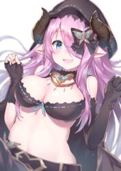  asymmetrical_gloves bare_shoulders belt black_bow black_bra black_gloves blurry blush bow bra breasts butterfly_hair_ornament cleavage commentary_request depth_of_field draph elbow_gloves female fingerless_gloves gloves granblue_fantasy hair_ornament hair_over_one_eye highres hood horns large_breasts long_hair looking_at_viewer mismatched_gloves narmaya_(granblue_fantasy) narmaya_(the_black_butterfly)_(granblue_fantasy) navel official_alternate_costume open_mouth pink_hair pointy_ears ribbon_trim robe simple_background smile solo topia underwear uneven_gloves wavy_mouth white_background 