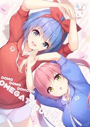  2girls :d blue_bow blue_eyes blue_hair bow commentary_request cuphead cuphead_(game) hairband hairbow hood hoodie long_hair mugman multiple_girls nijihashi_sora omega_ray omega_rio omega_sisters open_mouth pink_hair romaji_text shit short_hair smile twintails virtual_youtuber yellow_eyes 