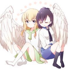  2girls ahoge angel_wings animal_band arm_support bafarin black_legwear blonde_hair blue_eyes blush commentary_request feathered_wings gabriel_dropout gabriel_tenma_white green_skirt highres multiple_girls necktie no_shoes purple_hair sailor_collar side-by-side skirt sleeping sleeping_on_person smile vignette_tsukinose_april white_legwear white_wings wings yuri 