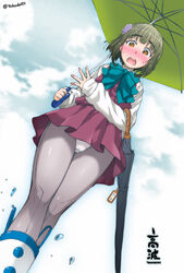  :o blunt_bangs blush bob_cut boots bow character_name closed_umbrella cloud cloudy_sky commentary_request day dress dutch_angle embarrassed female flower from_below grey_pantyhose hair_flower hair_ornament highres holding holding_umbrella kantai_collection long_sleeves looking_at_viewer nose_blush open_mouth panties panties_over_pantyhose pantyhose pink_dress rubber_boots short_hair short_hair_with_long_locks sky sleeveless sleeveless_dress solo splashing sweatdrop tag takanami_(kancolle) tokuda_shinnosuke twitter_username umbrella underwear upskirt walking water_drop white_panties white_pantyhose 