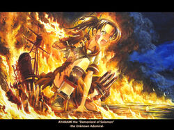  ayanami_(kancolle) black_socks blood blood_on_face brown_eyes brown_hair burn_scar burning commentary_request english_text engrish_text female fire hair_ribbon hand_up highres kantai_collection kneeling letterboxed machinery naka_(nicovideo14185763) open_mouth photoshop_(medium) ranguage ribbon scar school_uniform serafuku side_ponytail skirt smoke smokestack socks solo torn_clothes torn_skirt torpedo traditional_media turret 