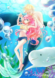  1boy absurdres air_bubble akubi_(akubi1993) beluga_whale blonde_hair bubble closed_eyes commentary_request earrings female freediving green_eyes highres holding_breath jewelry long_hair merman monster_boy navel ocean orca original pink_hair short_shorts shorts signature swimming underwater 