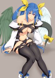  asymmetrical_wings bare_shoulders black_thighhighs blue_hair breasts commentary_request detached_sleeves dizzy_(guilty_gear) feathered_wings female grey_background guilty_gear hair_ribbon hair_rings large_breasts long_hair looking_at_viewer namakemono_(u446644k) navel red_eyes revealing_clothes ribbon simple_background sitting skindentation smile solo tail tail_ornament tail_ribbon thighhighs thighs twintails wings 