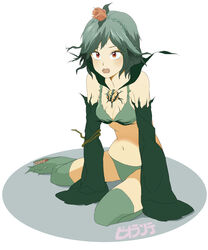  bare_shoulders bikini biollante breasts character_name cleavage commentary_request detached_sleeves female flower full_body godzilla_(series) green_bikini green_hair green_thighhighs highres leaf long_sleeves medium_breasts navel open_mouth personification plant red_eyes red_flower red_rose regain rose sharp_teeth short_hair simple_background sitting sleeves_past_fingers sleeves_past_wrists solo stomach swimsuit teeth thighhighs thorns vines white_background 