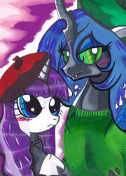  2014 arthropod aurora-chiaro beatnik beret blue_eyes blush changeling clothing duo equid equine eyeshadow fangs female friendship_is_magic green_hair hair hasbro hat headgear headwear horn makeup mammal my_little_pony mythological_creature mythological_equine mythology pupils purple_hair queen_chrysalis_(mlp) rarity_(mlp) slit_pupils straight_hair sweater teeth topwear unicorn 